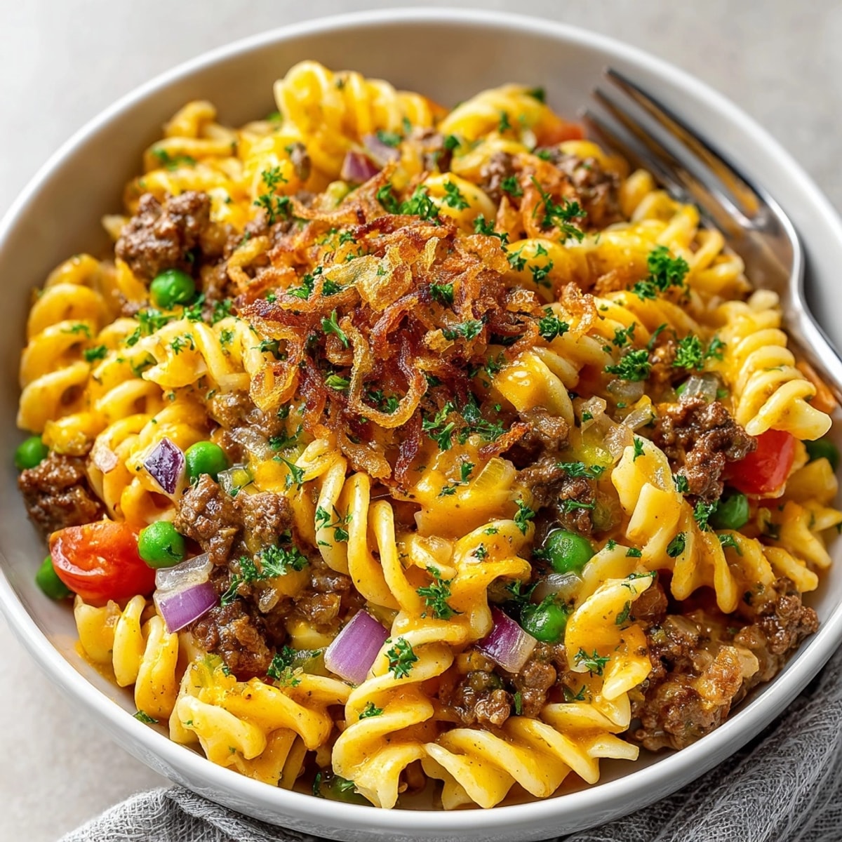 A bubbling skillet of creamy Cozy Cheeseburger Pasta, garnished with a vivid green and crunchy relish mix.