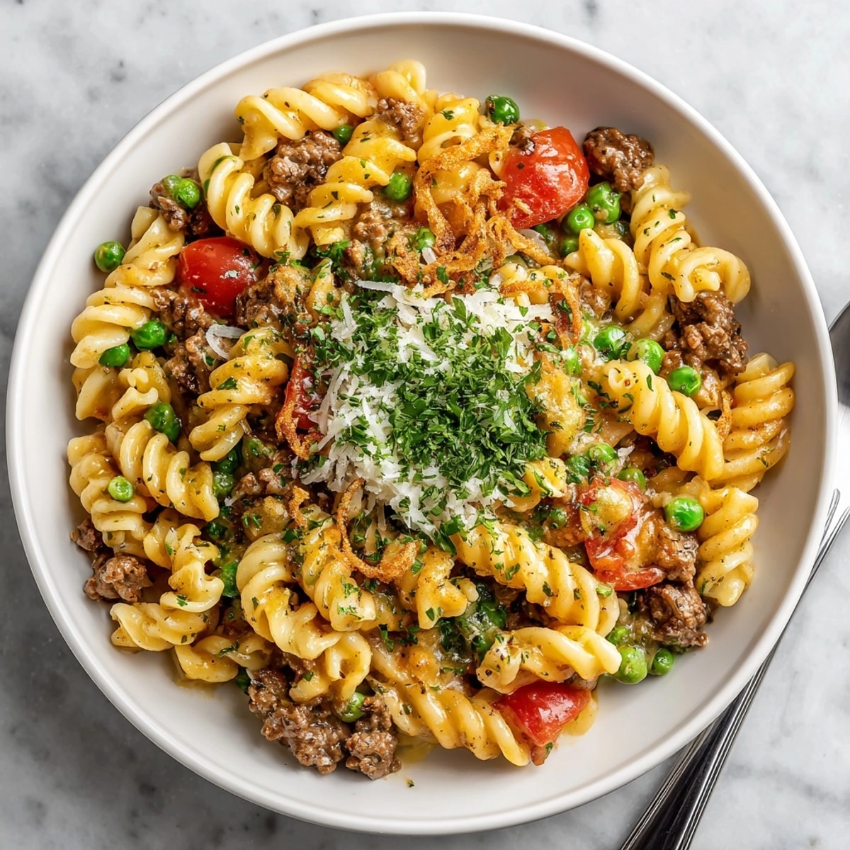 Melty cheddar coats the pasta in this Cozy Cheeseburger Pasta Skillet, a comforting American classic.