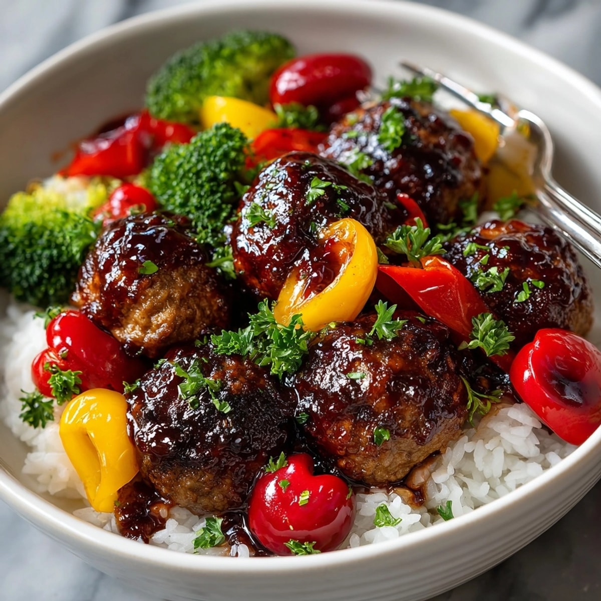 Tender Cherry-Coded Black Cherry BBQ Meatball Bowls presented, glistening with sauce and fresh garnishes.