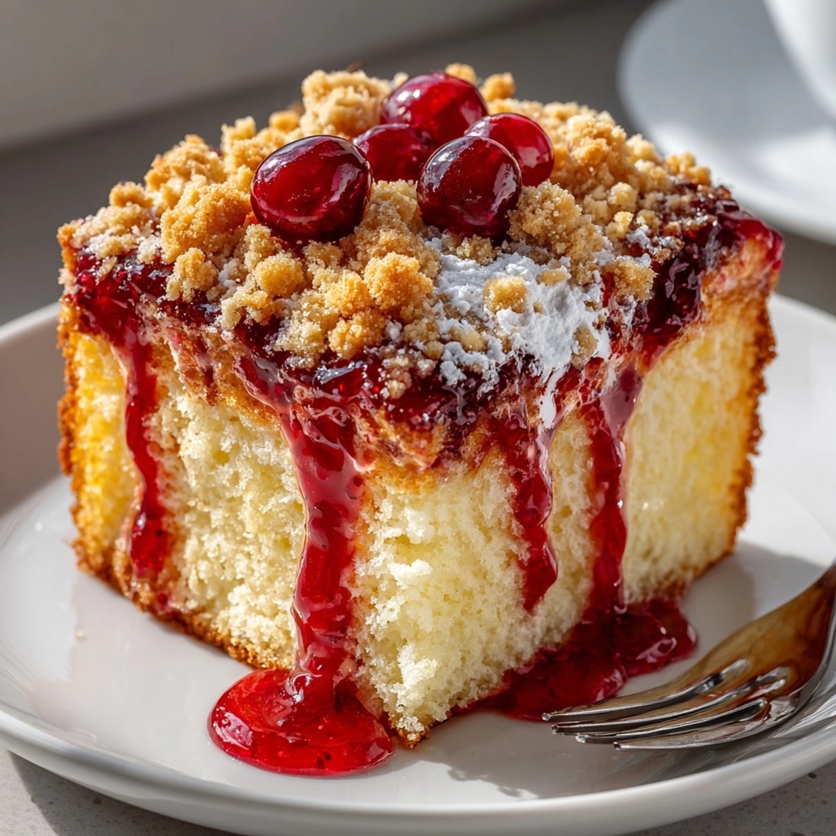 Chaos Cake Cranberry-Maple Drip: A warm, inviting slice with cranberry glaze and crunchy crumbles.