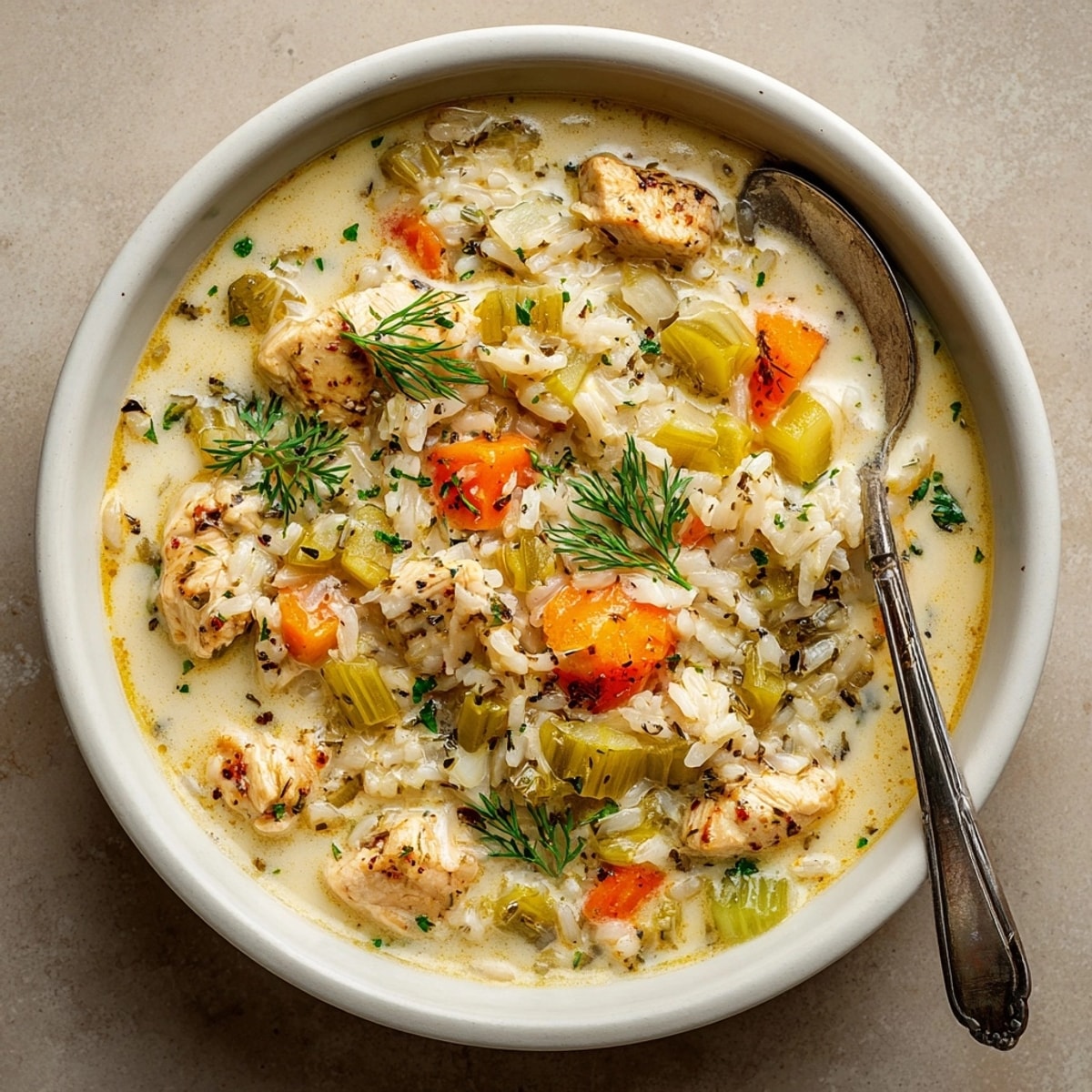 Close-up of the flavorful, one-pot One-Pot Pickle Ranch Chicken & Rice Soup, ready to be served.