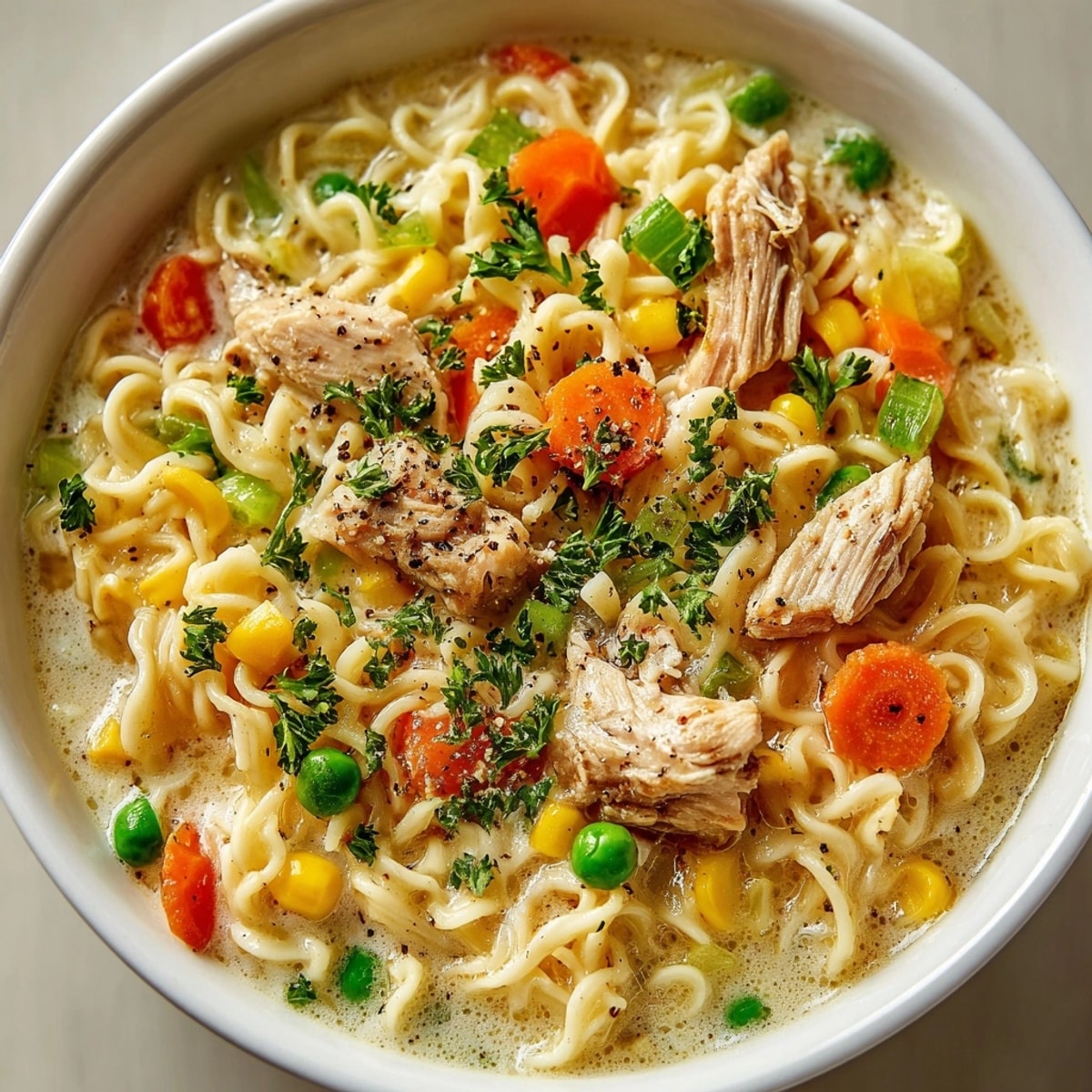 One-pot chicken pot pie ramen with creamy broth, vegetables, and tender chicken, delicious!