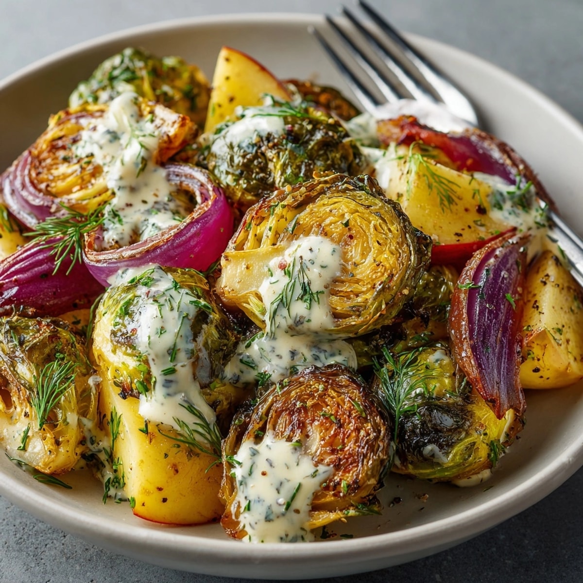 Golden sheet-pan Brussels sprouts and apples ready to enjoy with creamy dill pickle ranch dressing.