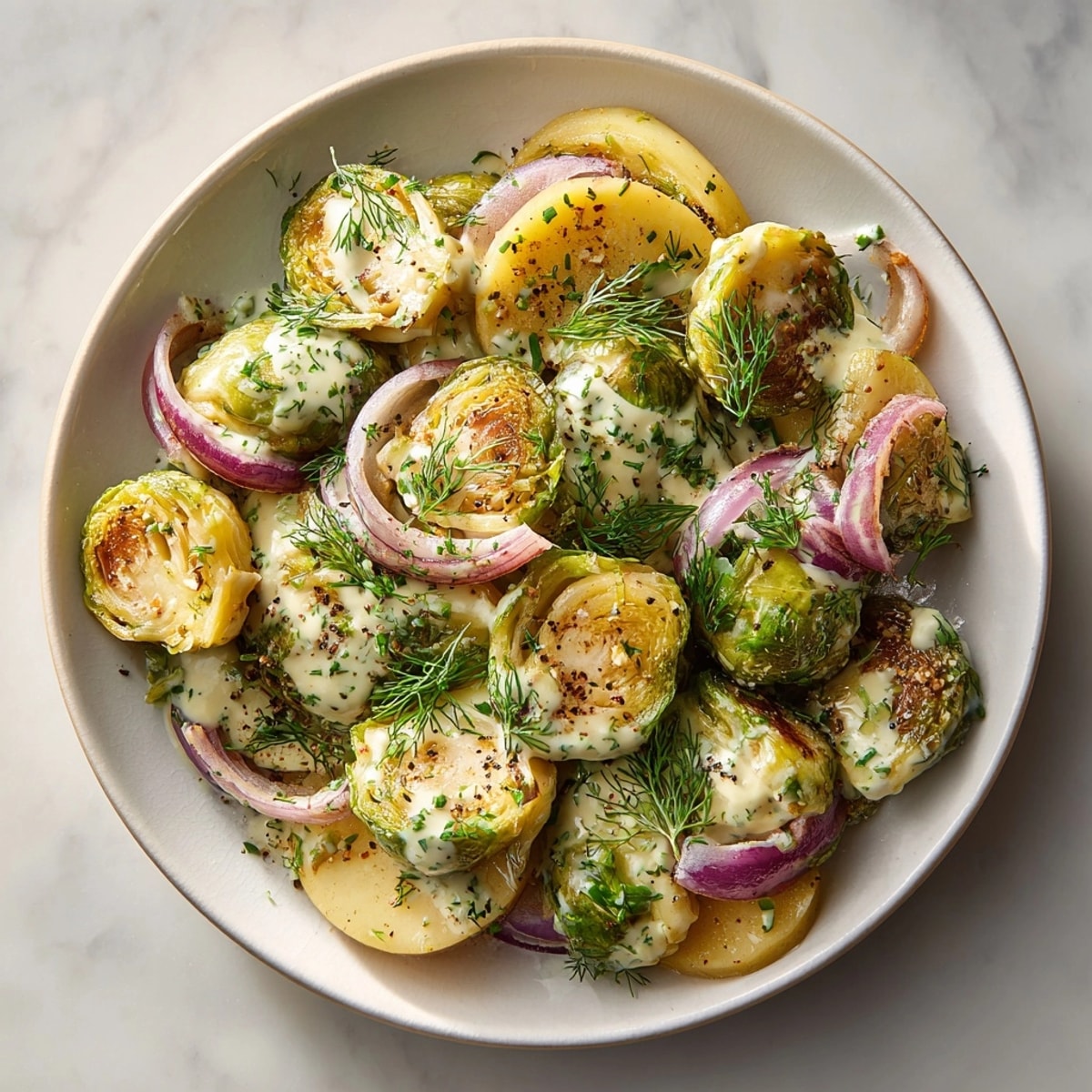 A delicious vegetarian plate of sheet-pan Brussels, apples and dill pickle ranch, perfect for dinner.