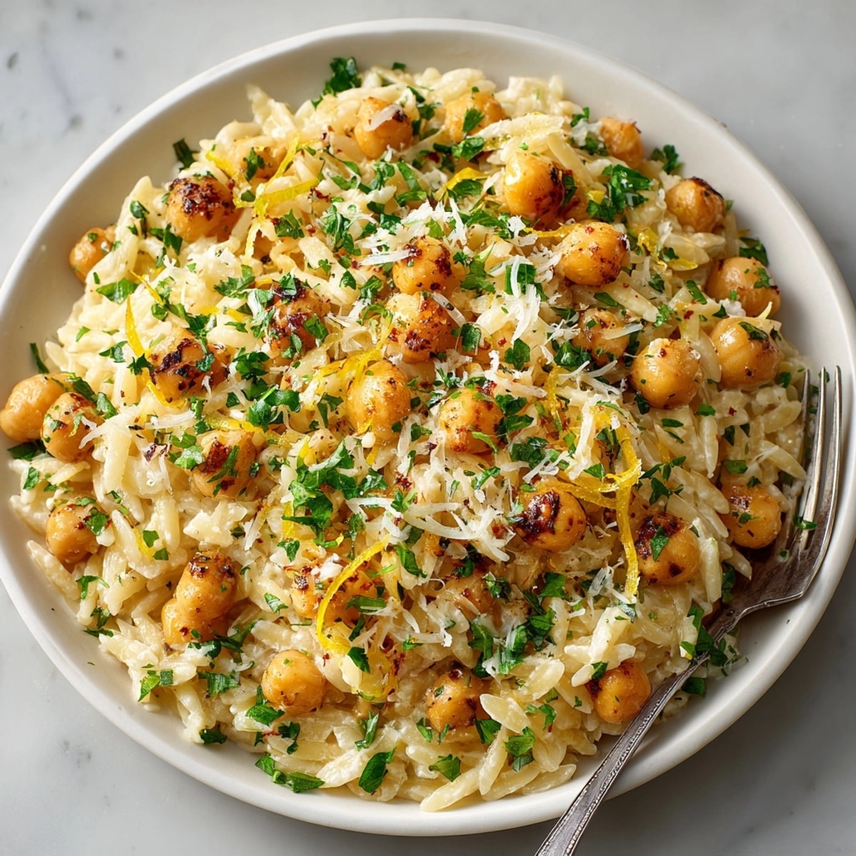 Close-up of the creamy 15-Minute Lemon Ricotta Chickpea Risoni with bright lemon and Parmesan.