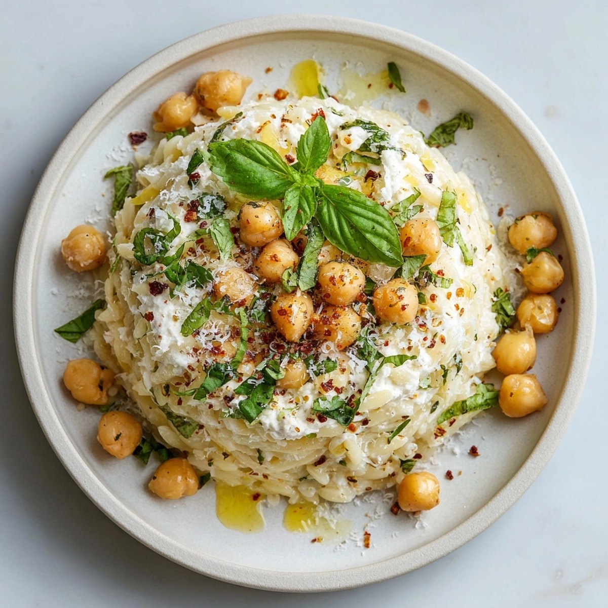 A flavorful plate of 15-Minute Lemon Ricotta Chickpea Risoni, showcasing tender chickpeas and orzo pasta.