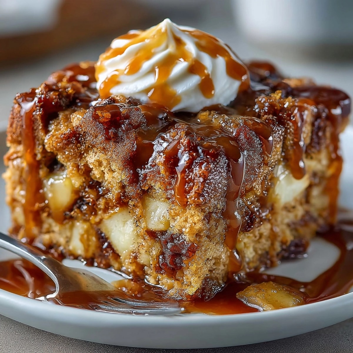 A close-up photo of Rebel Float Root Beer Caramel Apple Bread Pudding, golden and ready to eat.