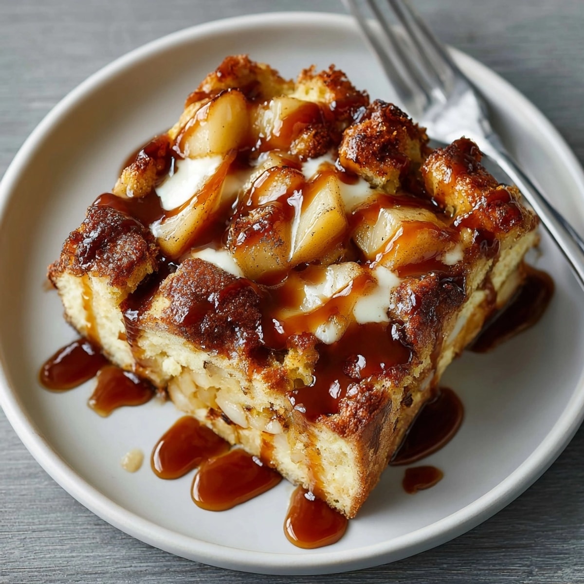 Enjoy a generous helping: Rebel Float Root Beer Caramel Apple Bread Pudding with warm caramel over bread.
