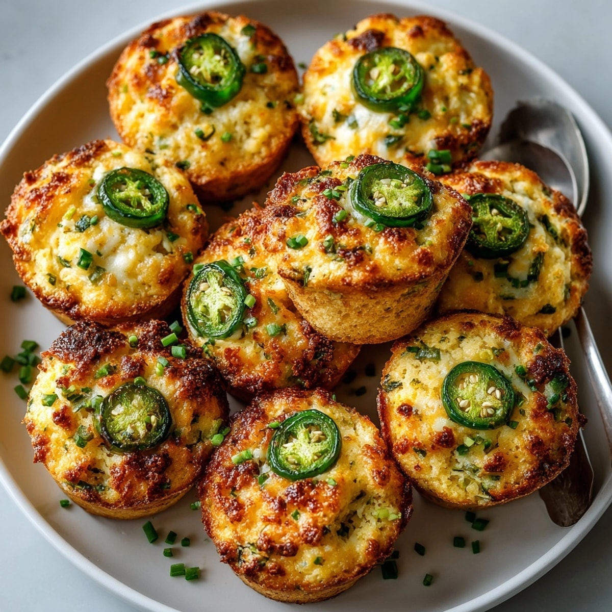 Warm, savory view of Pickle-Fix Jalapeño Cheddar Cornbread Muffins, ready to be served with chili.