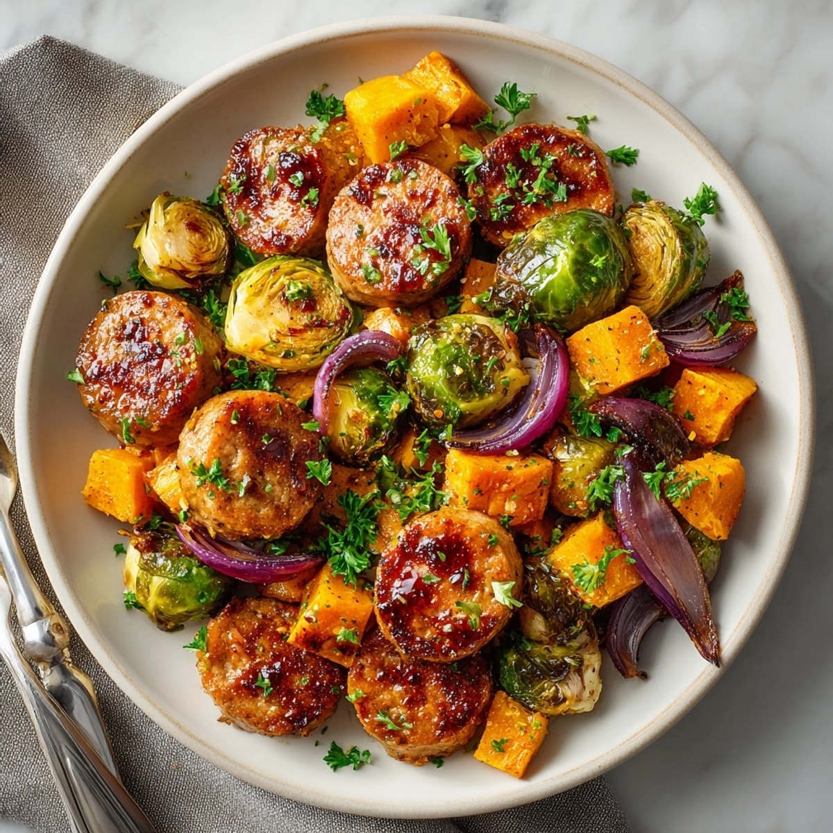 Sheet-pan chicken sausage, beautifully glazed with cranberry-orange, alongside caramelized Brussels sprouts and sweet potatoes.