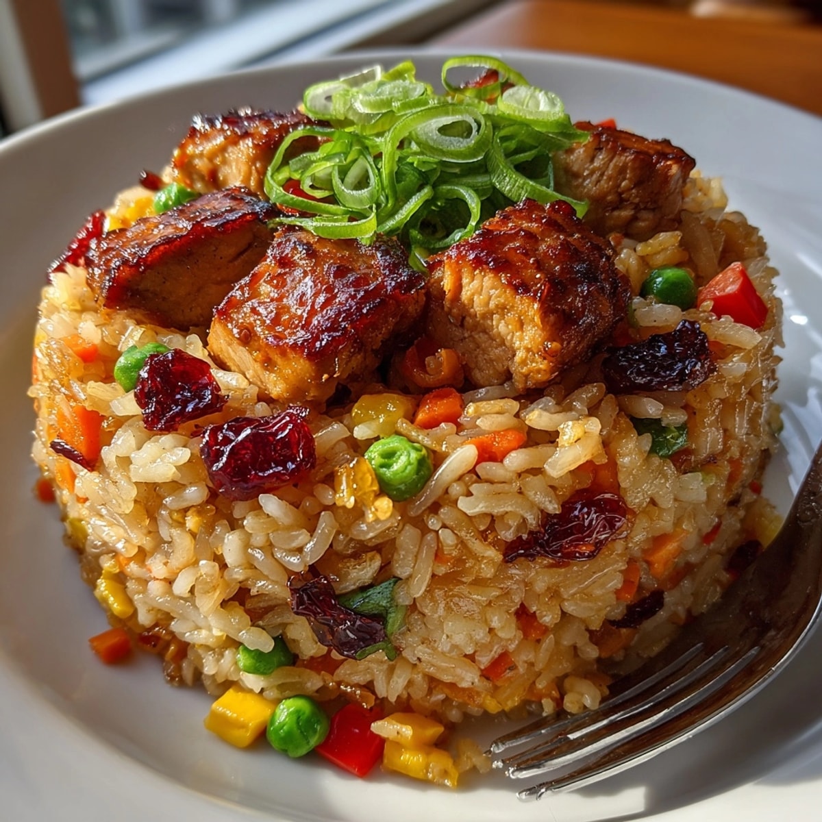 A steaming bowl of flavorful Weeknight Honey-Garlic Turkey Fried Rice, ready to be enjoyed.