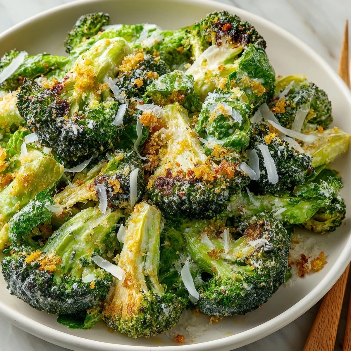 Golden roasted broccoli Caesar salad with vibrant dill pickle crouton dust, ready to serve.