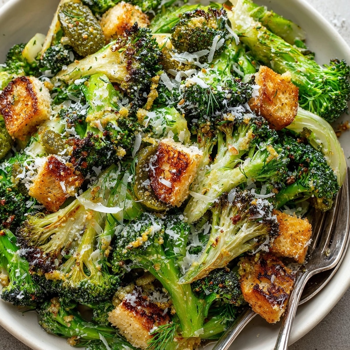A fresh Roasted Broccoli Caesar, with crisp greens, Parmesan, and crunchy dill pickle topping.