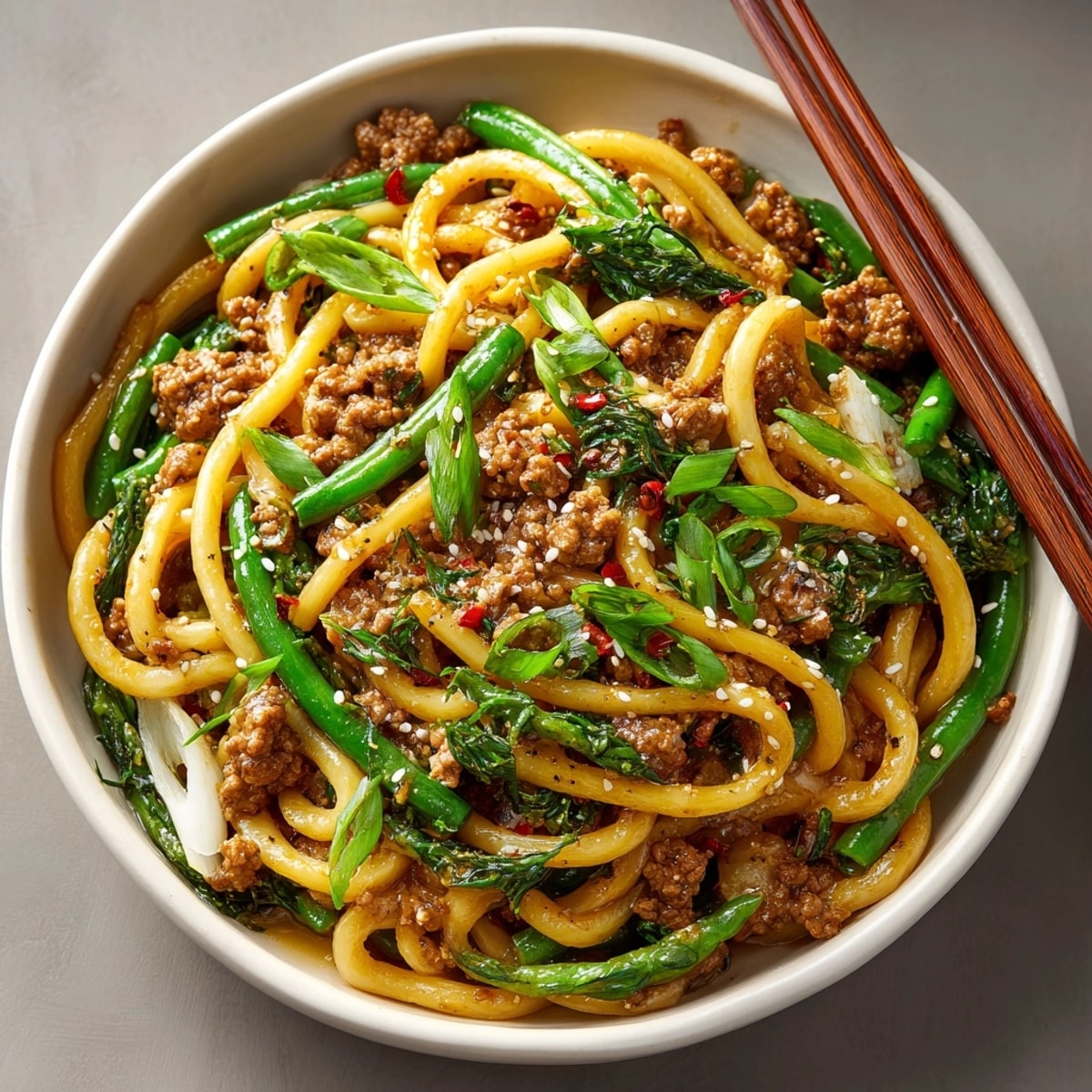 A steaming bowl of 20-Minute Garlic Butter Turkey & Green Bean Udon, bursting with flavor.