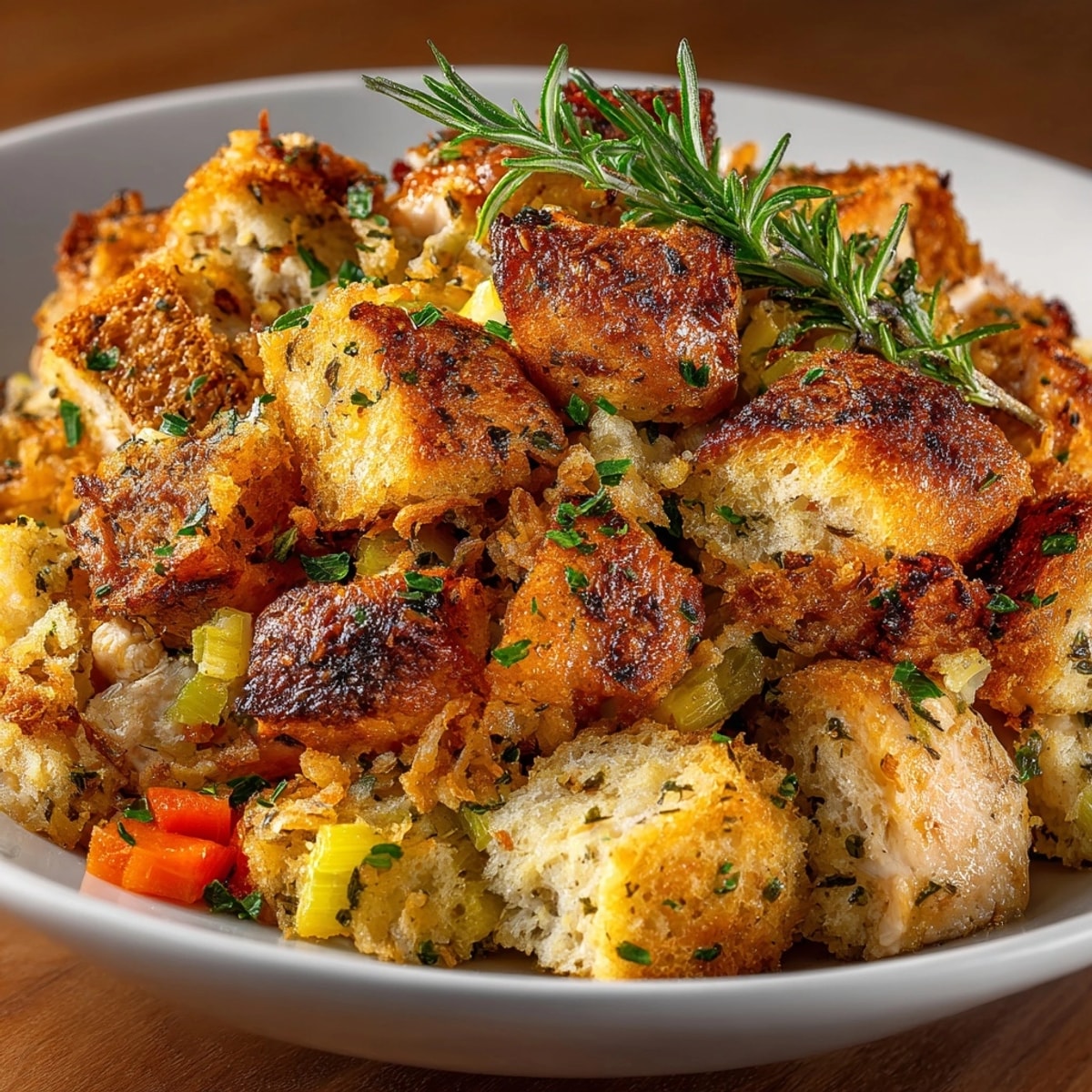 Homestyle Chicken & Stuffing Skillet bubbling with a golden onion topping, perfect for a cozy dinner.