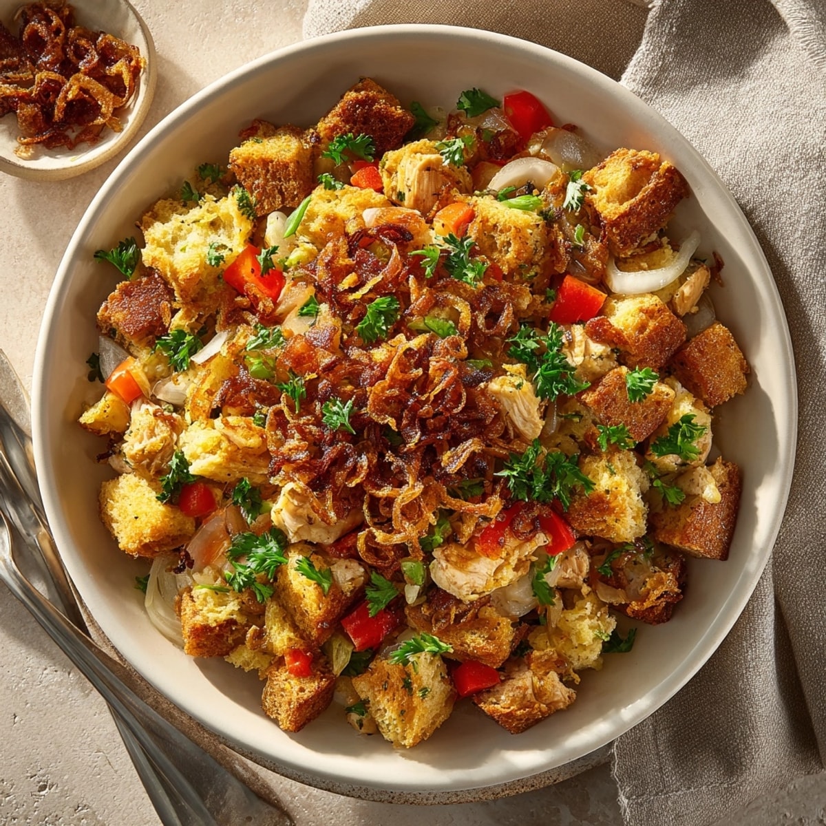 Savory Homestyle Chicken & Stuffing Skillet features chicken and herbs with a crunchy, golden onion topping.