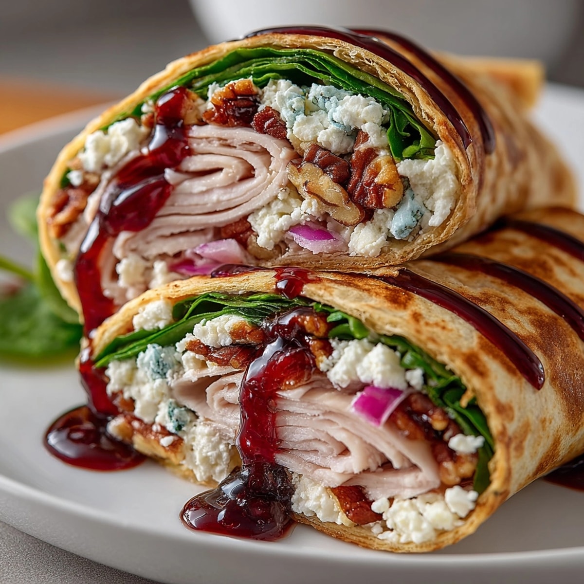 Cherry balsamic glazed turkey wraps, filled with tender turkey and a sweet, tangy glaze, ready to eat.