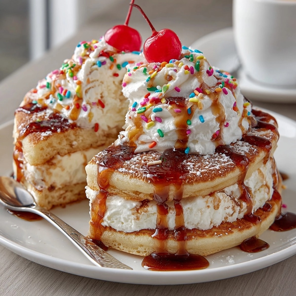 Close-up of a delicious Rebel Soda Float Pancake Wrap, showing creamy ice cream and cherry topping.