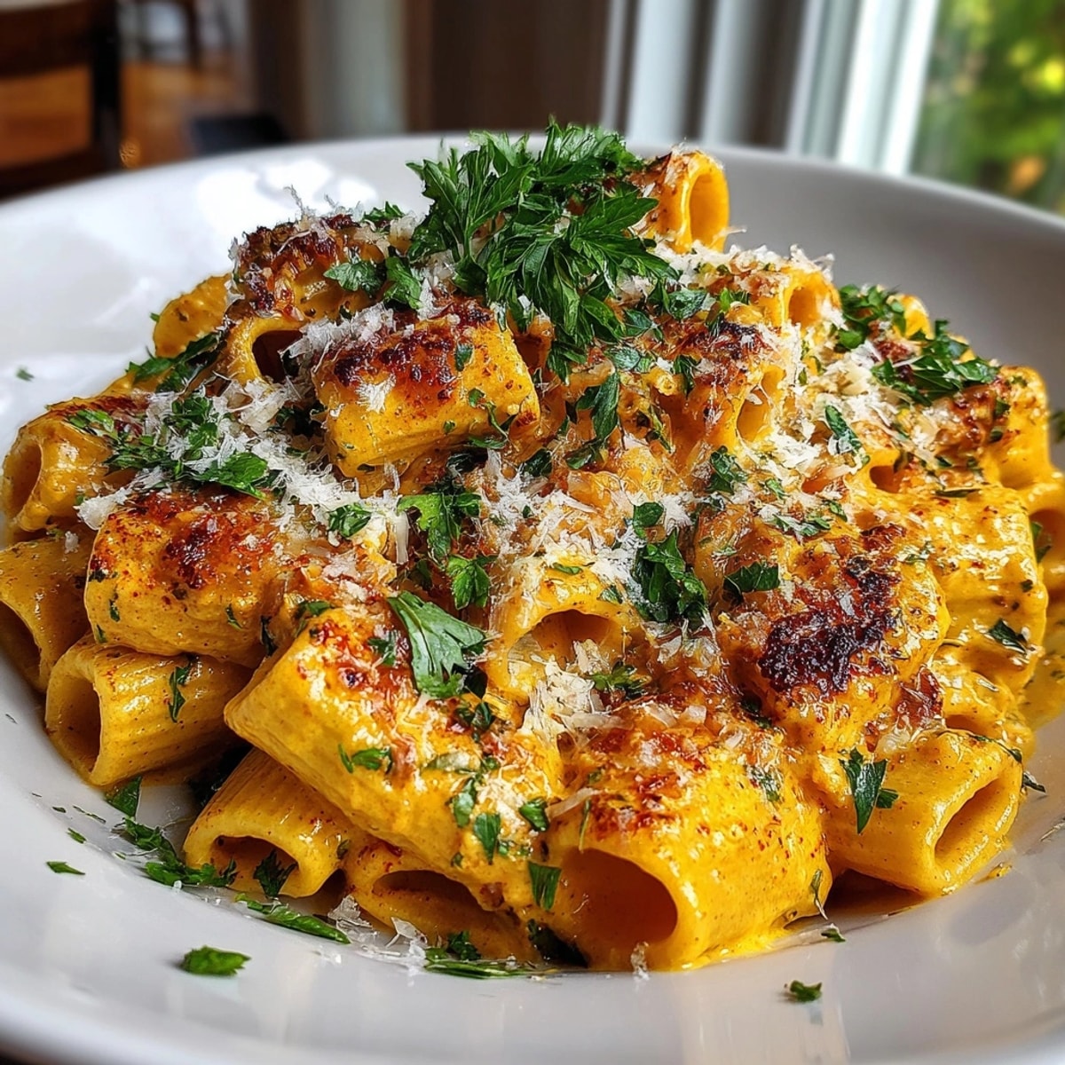 Steaming bowl of spiced pumpkin cream cheese pasta, garnished with parsley and fresh Parmesan cheese.