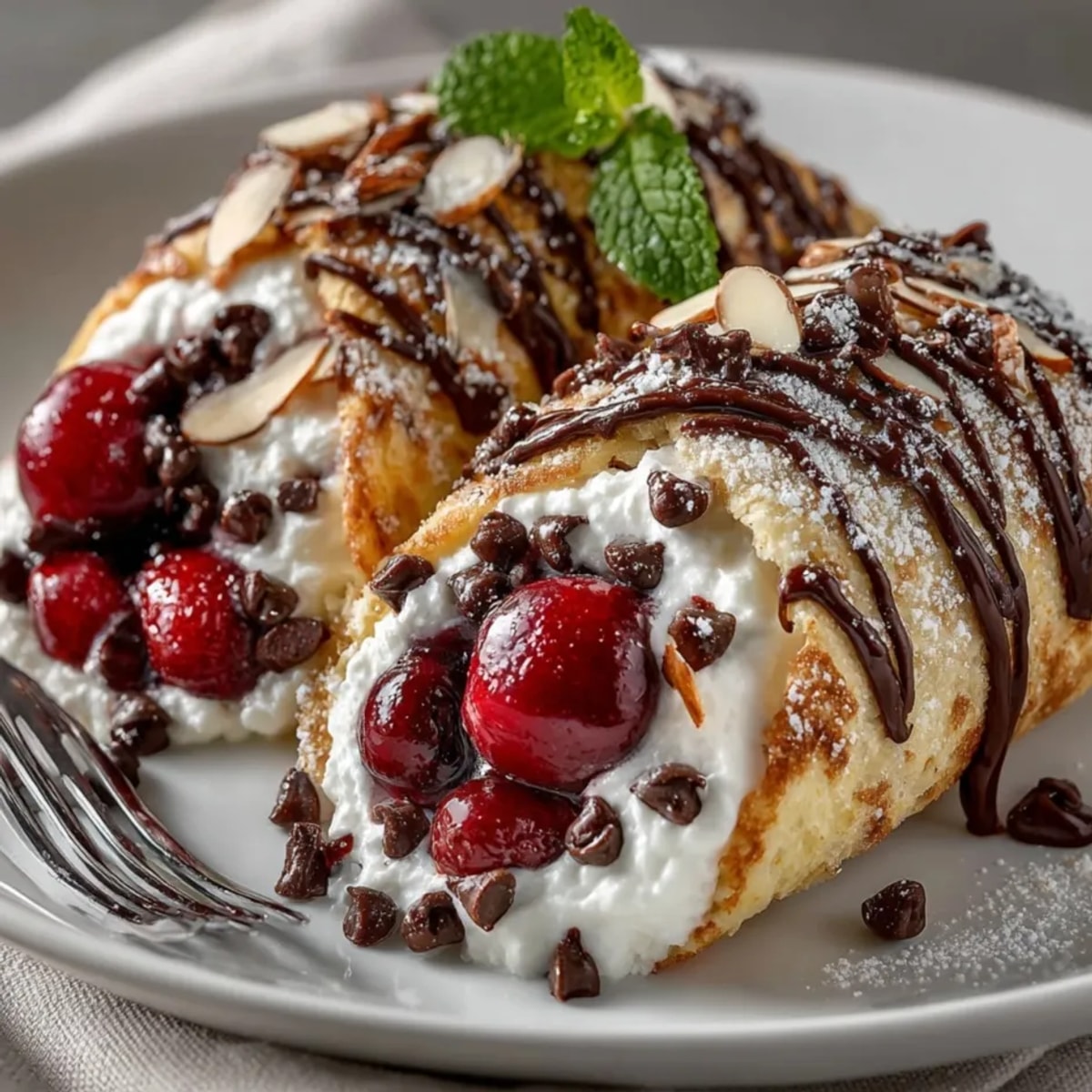 Warm Cherry Chocolate Drizzle Dessert Wraps, with melted chocolate, a perfectly sweet treat.