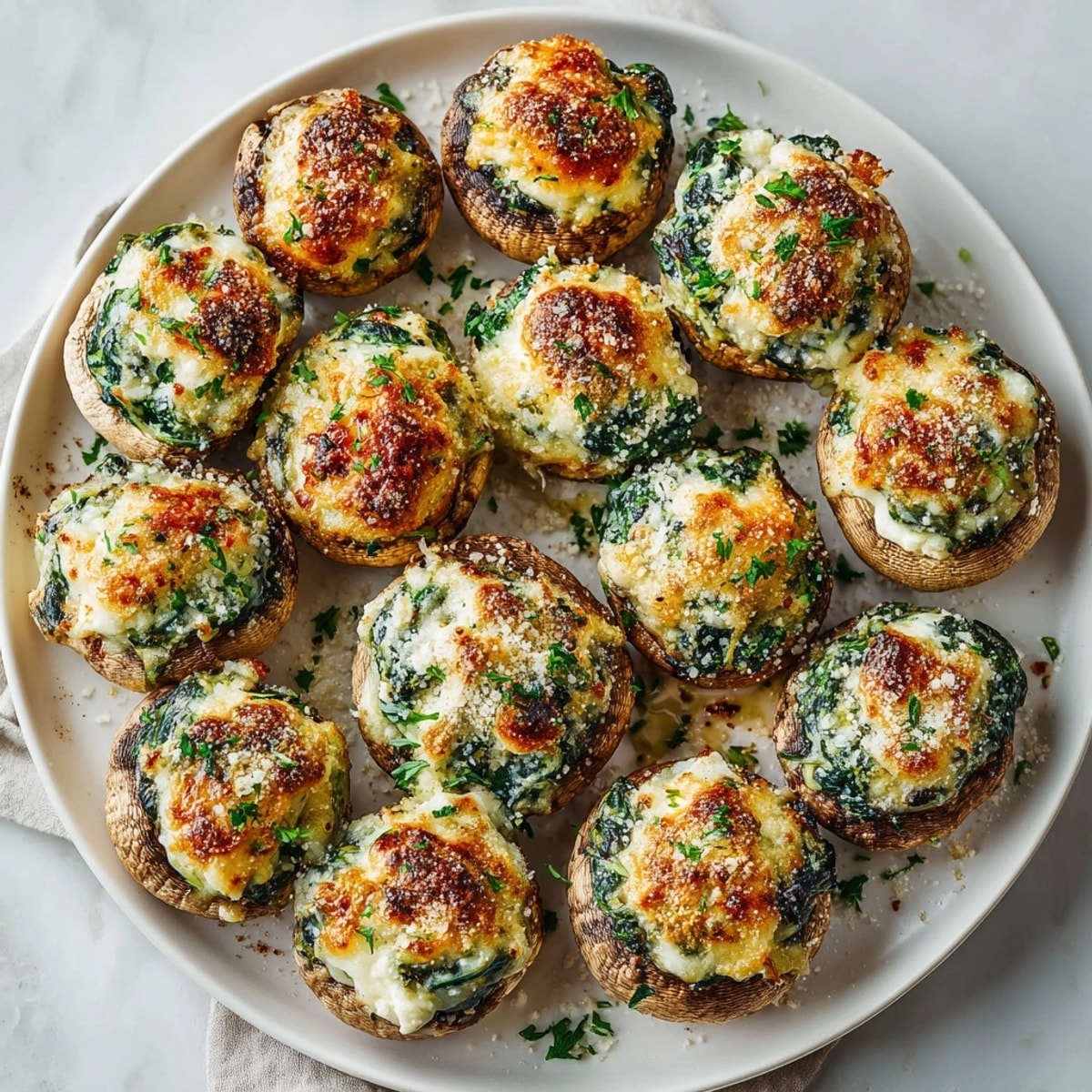Enjoy a close-up of creamy Spinach Artichoke Stuffed Mushrooms, perfect for any special occasion.