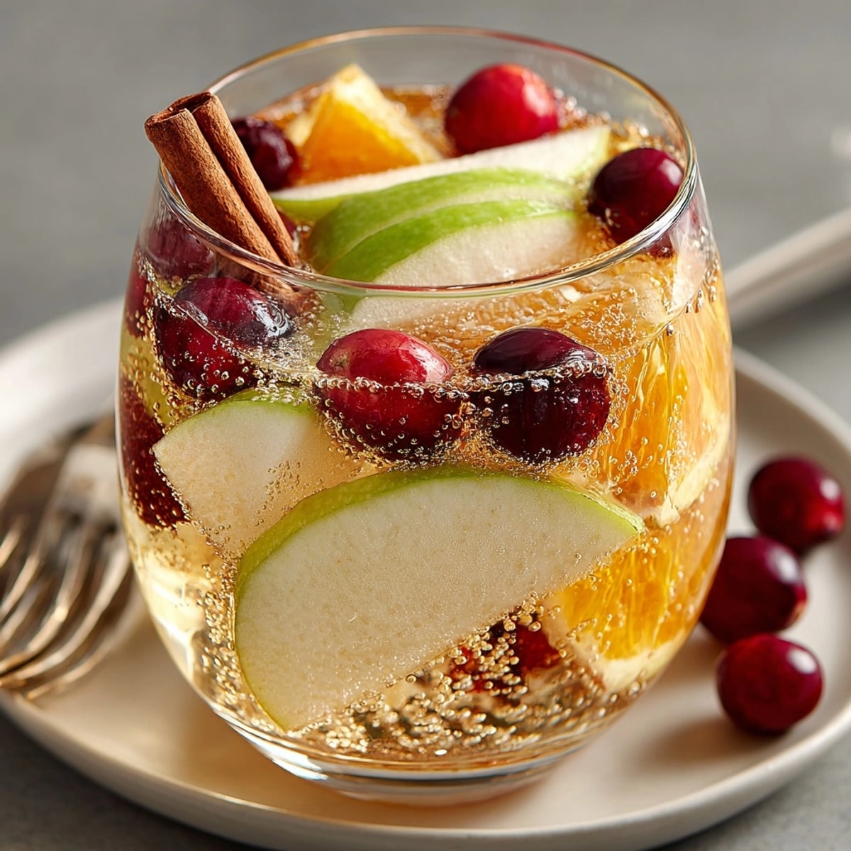 A vibrant pitcher of Spiced Apple Cider Sangria, brimming with fresh fruit and ice, ready to serve.