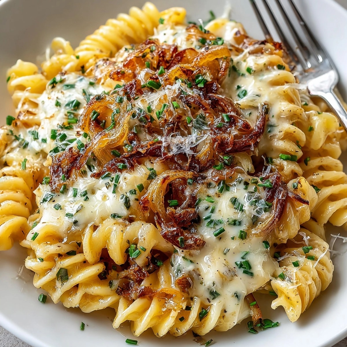 One-Pan French Onion Pasta with golden, caramelized onions and melted Gruyère, ready to serve.
