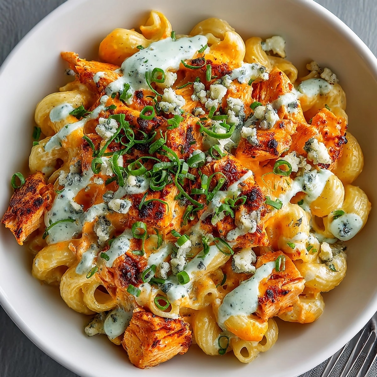 Creamy Buffalo Chicken Mac, a comfort food masterpiece with a tangy blue cheese drizzle, ready to eat.
