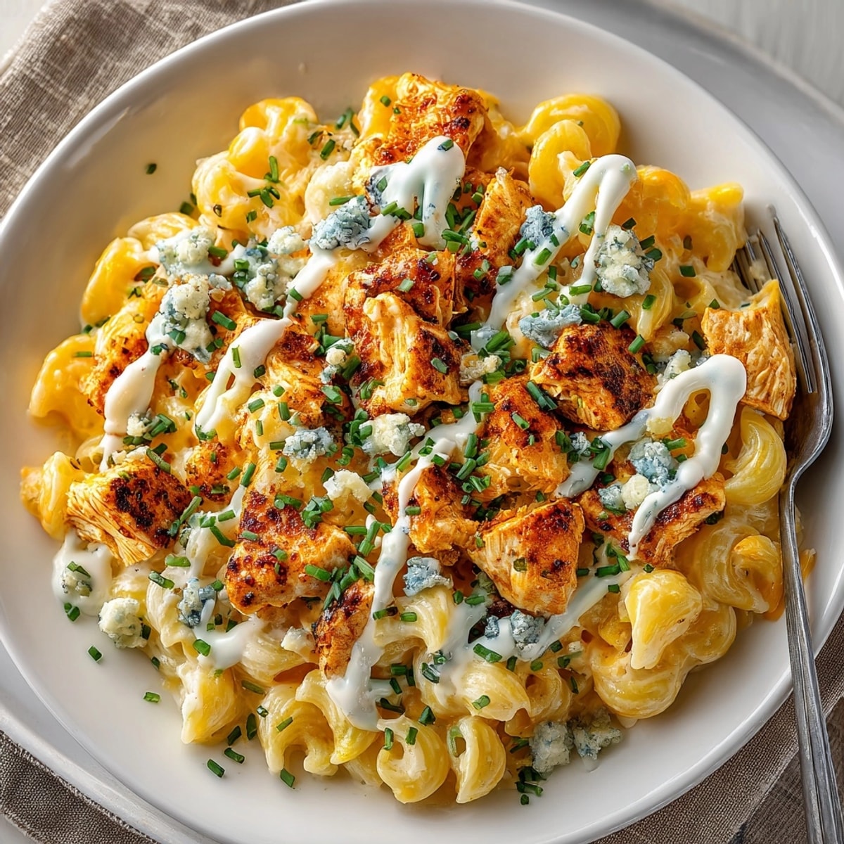 Indulge in the rich flavors of Buffalo Chicken Mac, a baked macaroni dish served in a bowl.