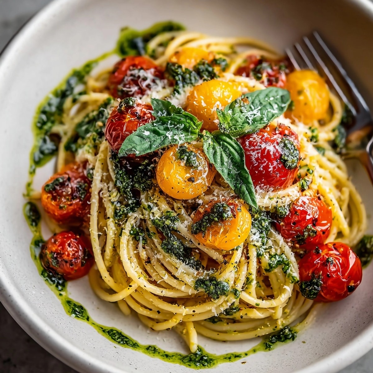 Delectable Cherry Tomato Burst Pasta, featuring a vibrant red sauce and basil oil swirl.