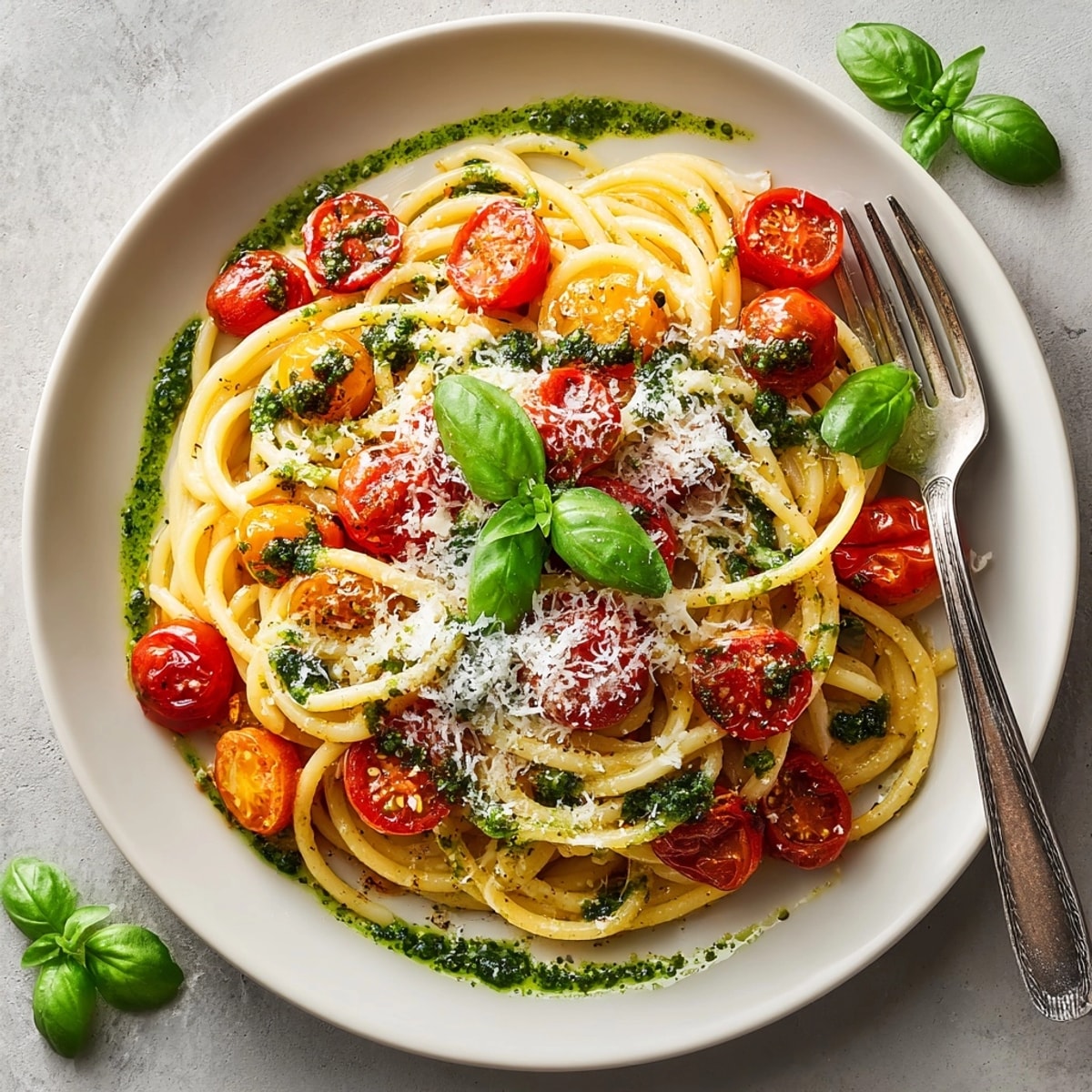 Close-up image: Perfectly cooked Cherry Tomato Burst Pasta, topped with basil and parmesan.