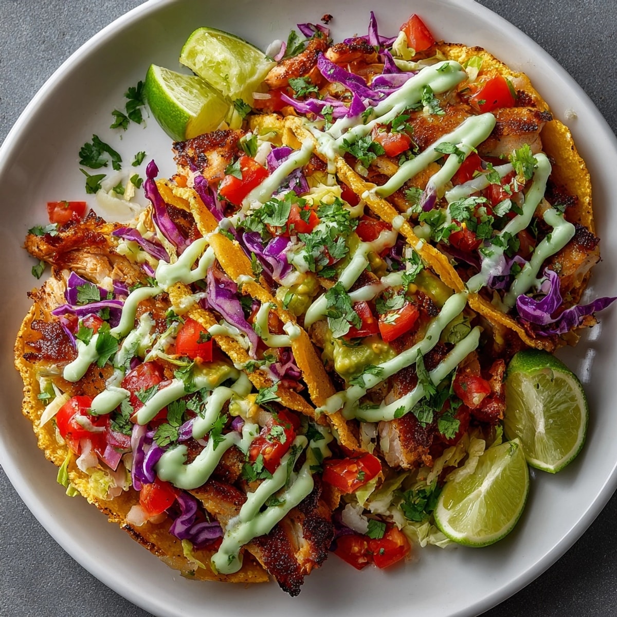 Close-up of Avocado Lime Crema Chicken Tacos, bursting with color, flavor, and creamy tang.
