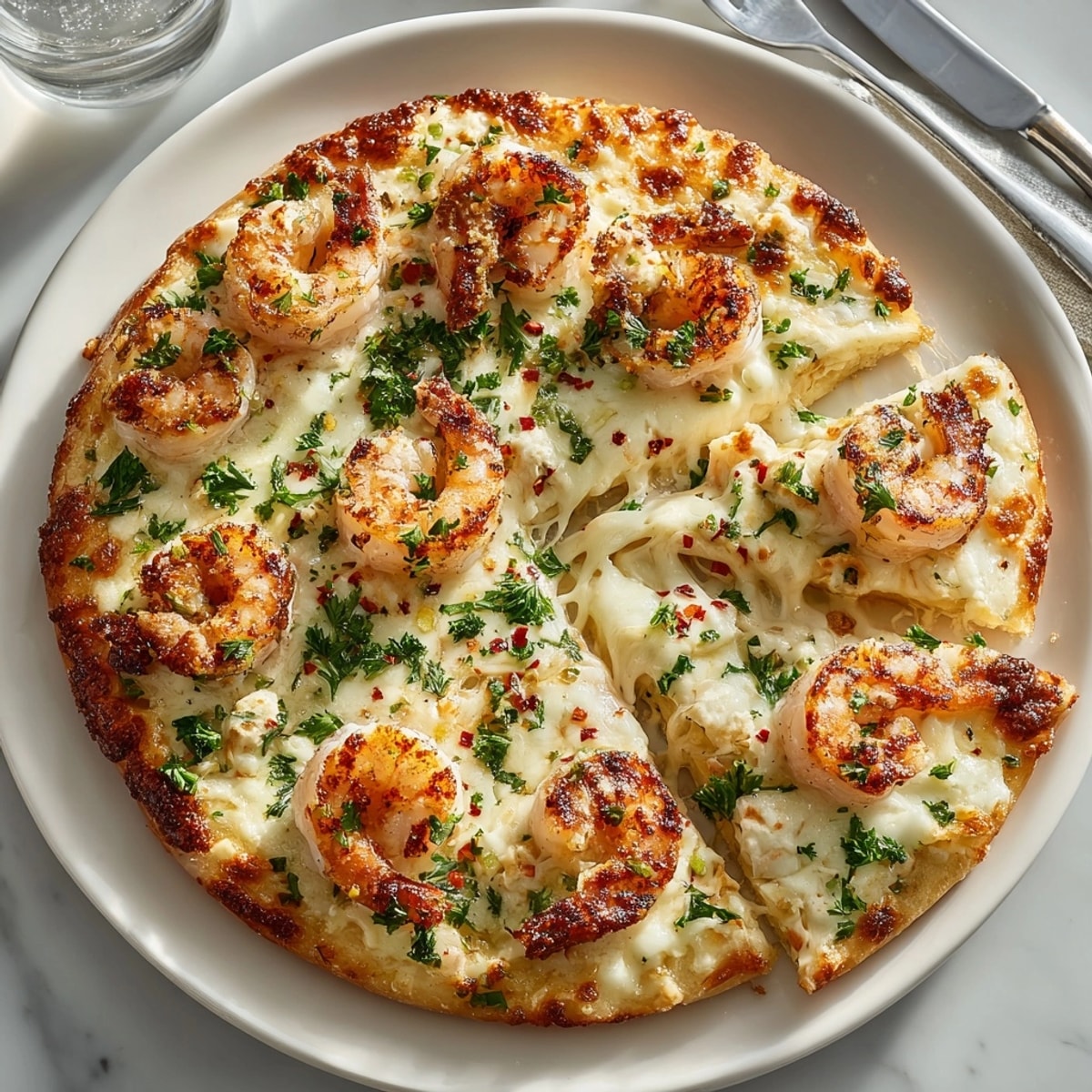 Baked Shrimp Alfredo Pizza served as a main dish, garnished with herbs and red pepper flakes.