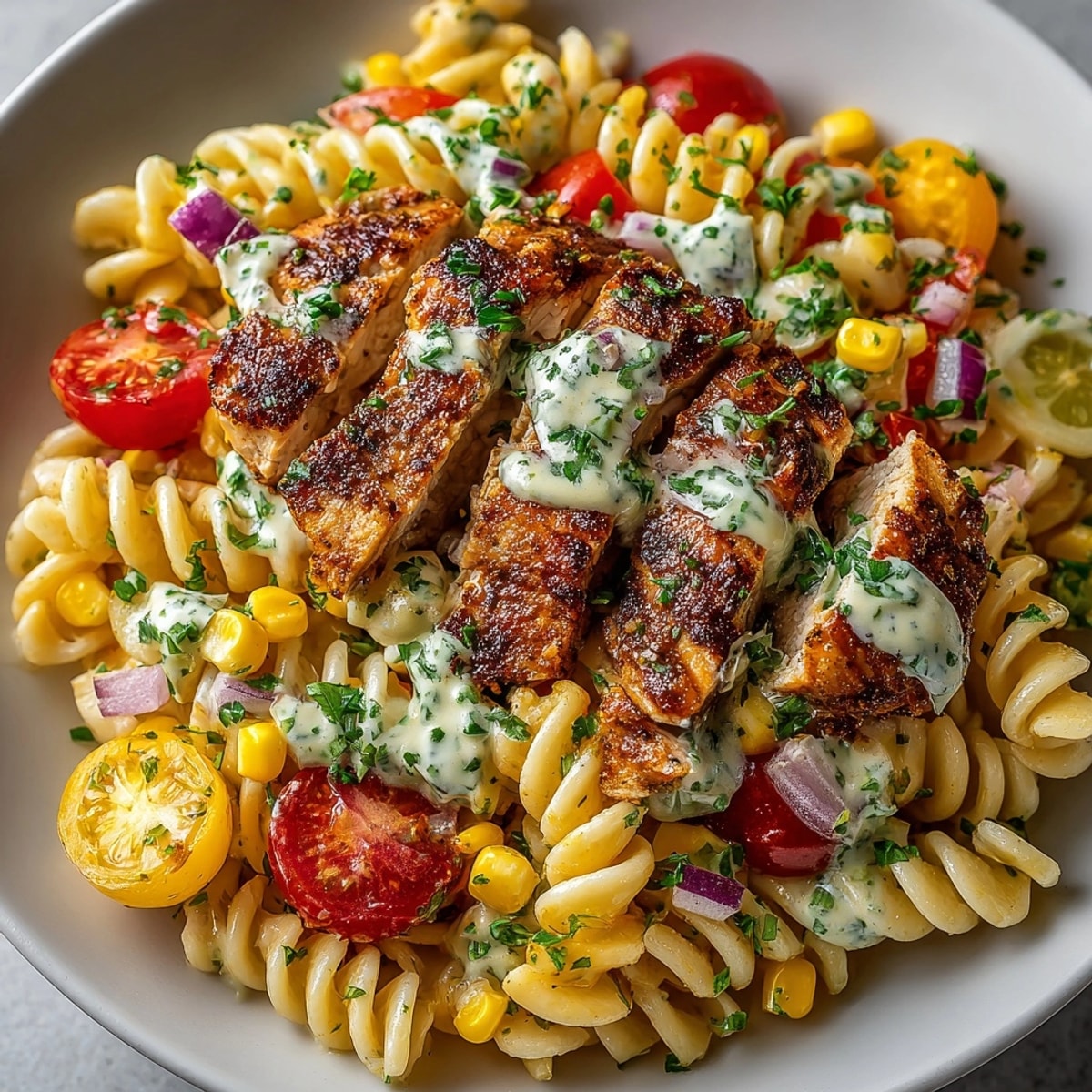 Colorful bowl of Cajun Chicken Pasta Salad with creamy dressing and fresh vegetables glistening.