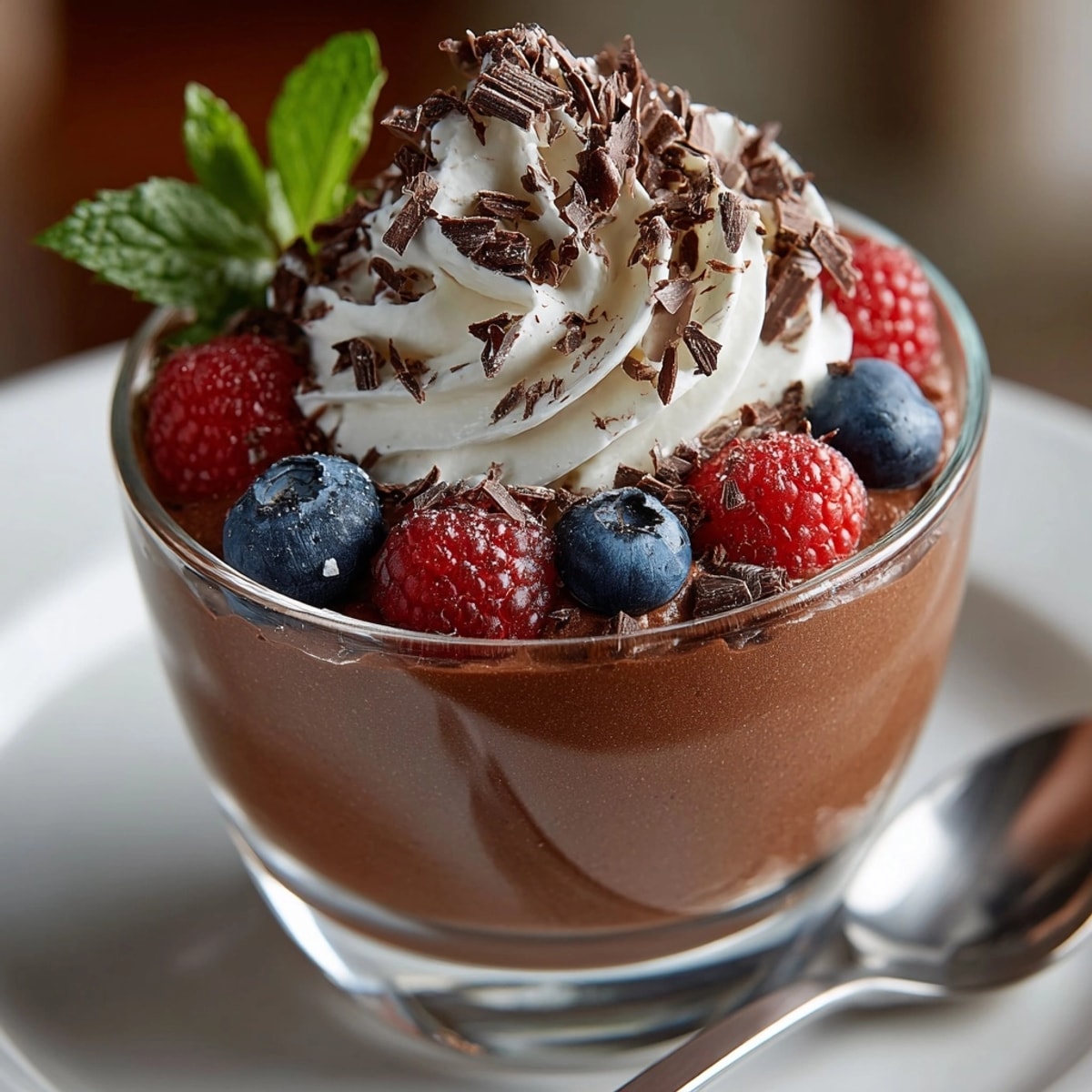 Chocolate Avocado Mousse Cups topped with fresh berries and mint, served in elegant glass bowls.