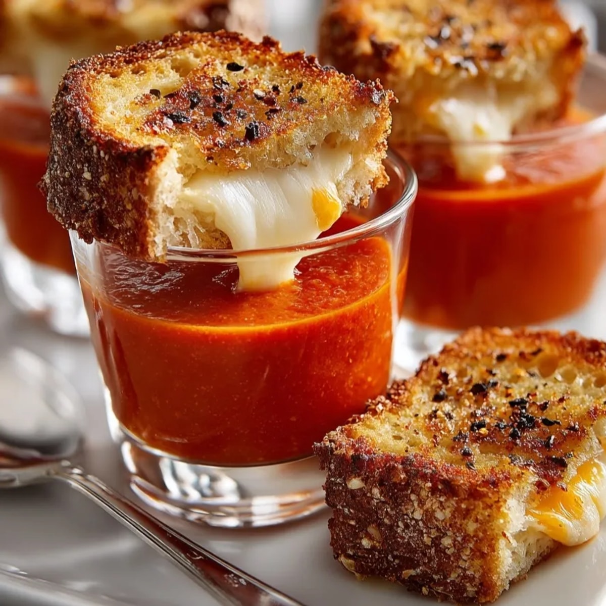 Grilled Cheese and Tomato Soup Shooters served in glass cups with gooey, golden sandwiches for dipping.