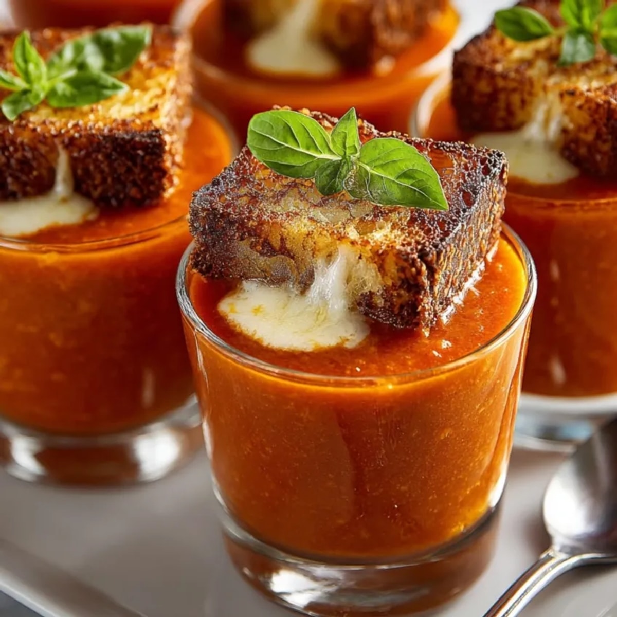 Warm tomato soup shooters paired with crispy grilled cheese bites, perfect for party appetizers.