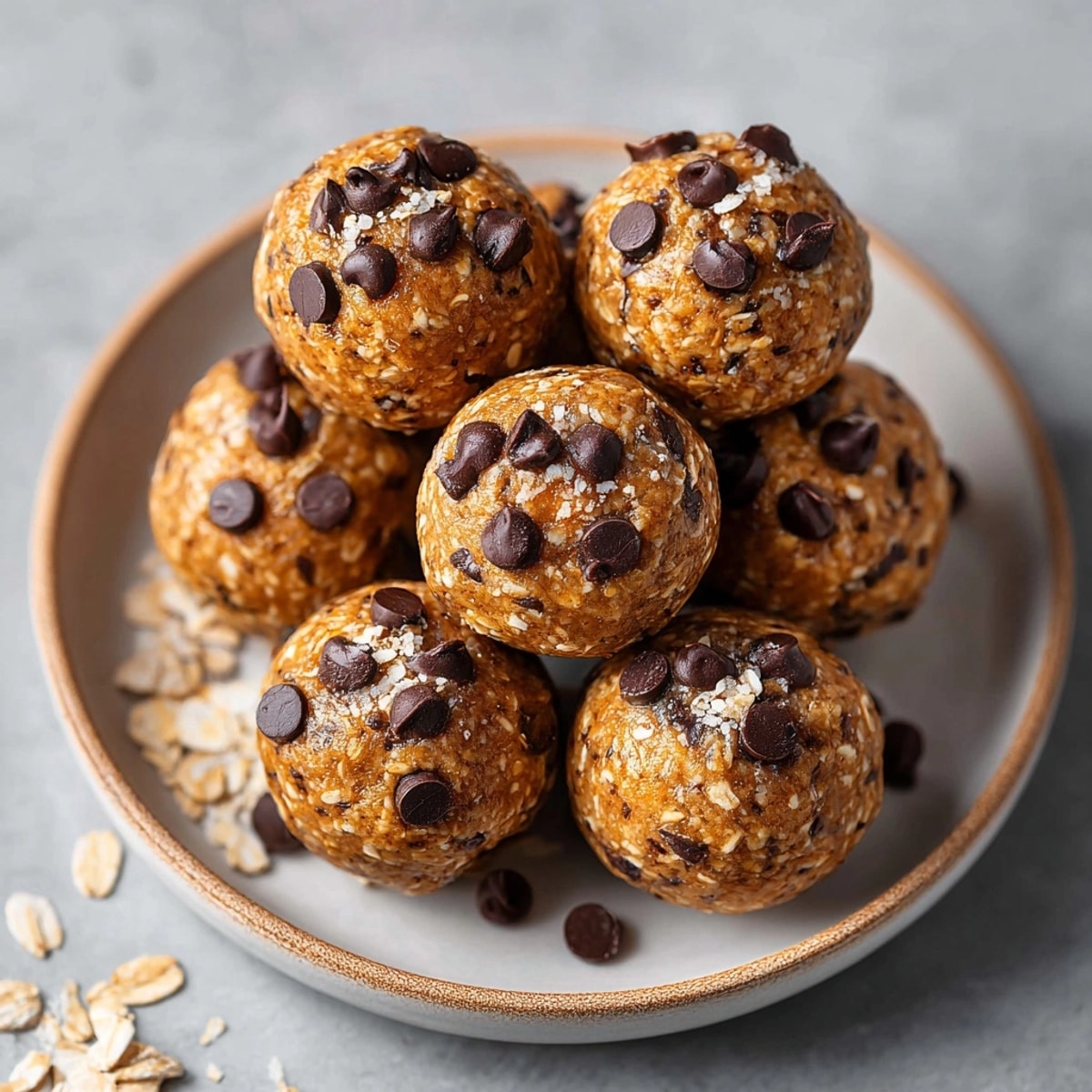 Protein-loaded cookie dough energy balls piled on a tray, dotted with chocolate chips and oats.