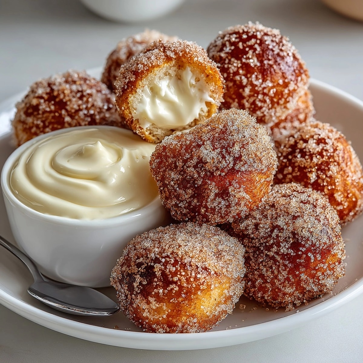 Cinnamon Sugar Pretzel Bites with Cream Cheese Dip arranged on a plate, glistening with melted butter.