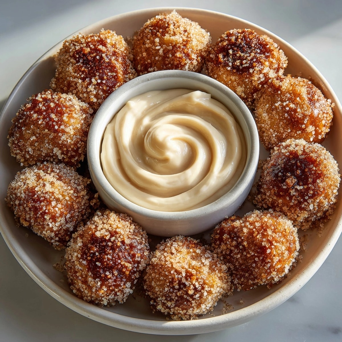 Golden Cinnamon Sugar Pretzel Bites alongside a bowl of smooth cream cheese dip for snacking.