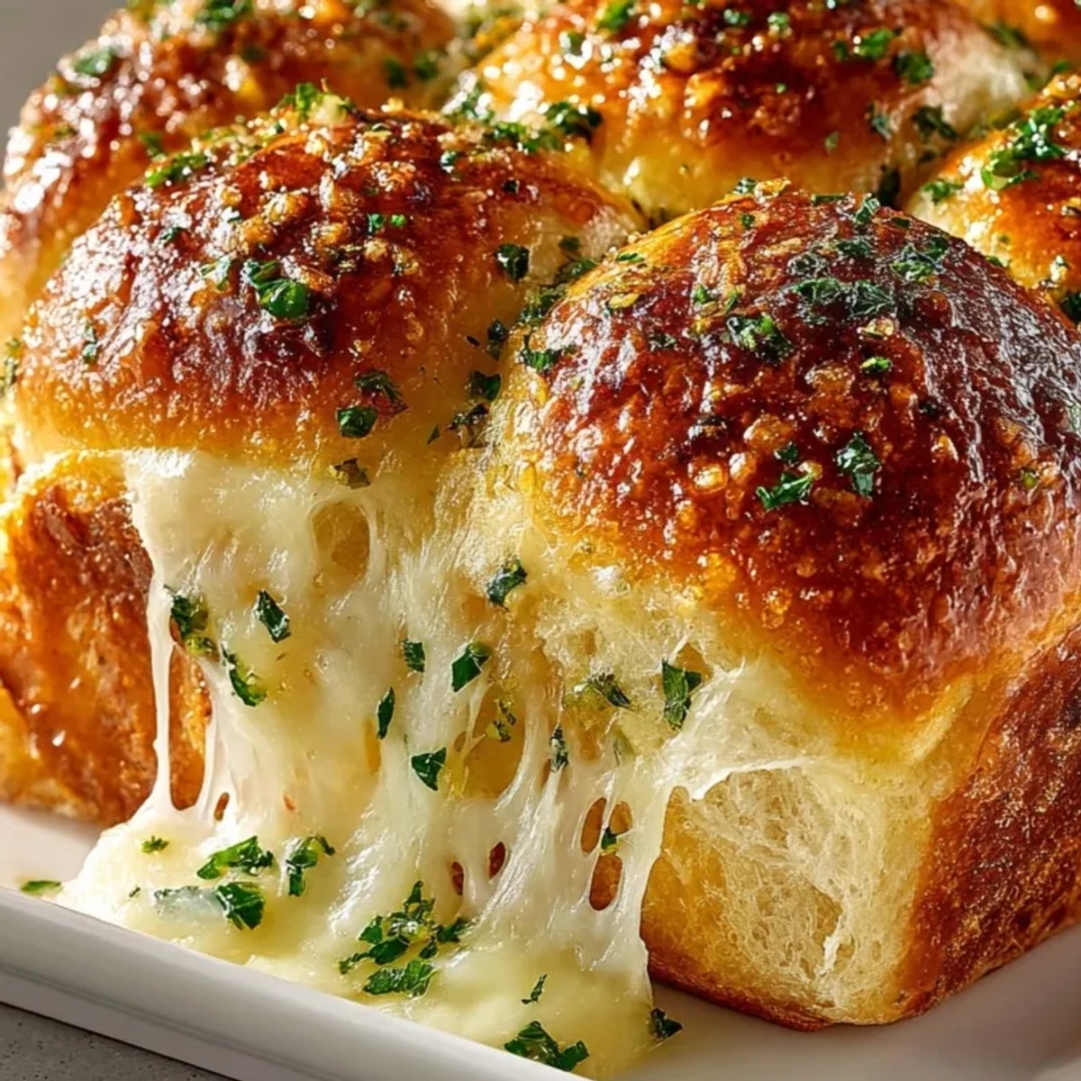 Golden Cheesy Garlic Pull-Apart Dinner Rolls fresh from the oven, brushed with glistening garlic butter.