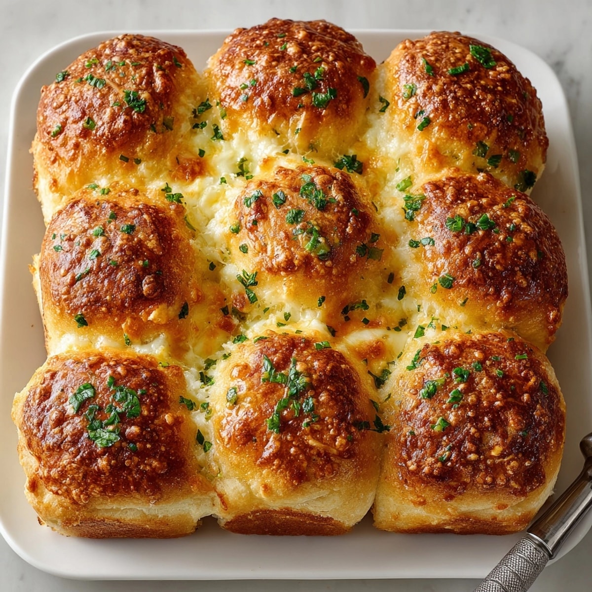 Cheesy Garlic Pull-Apart Dinner Rolls stacked in a baking dish, warm and melty, ready to share.