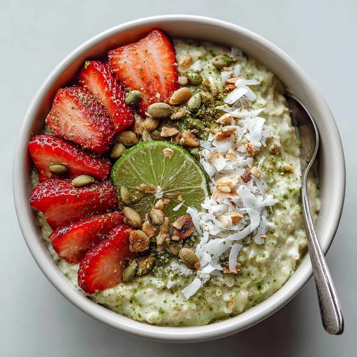 Creamy Avocado Lime Protein Overnight Oats in a glass jar, garnished and ready for breakfast.