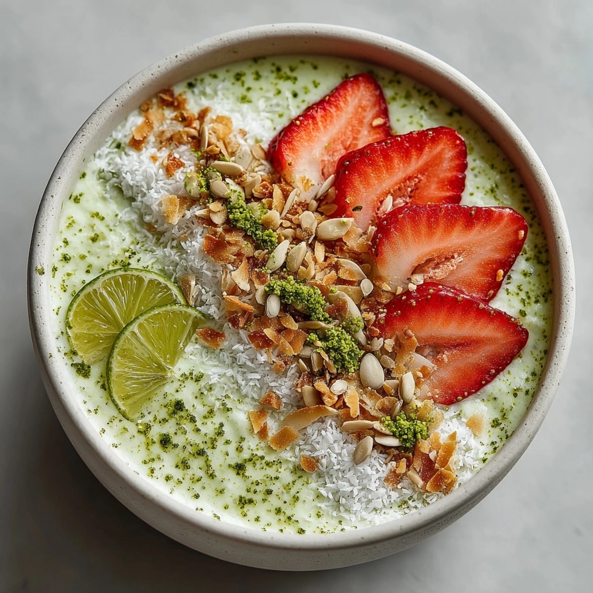 Vibrant Avocado Lime Protein Overnight Oats with chia seeds and a hint of zesty lime aroma.
