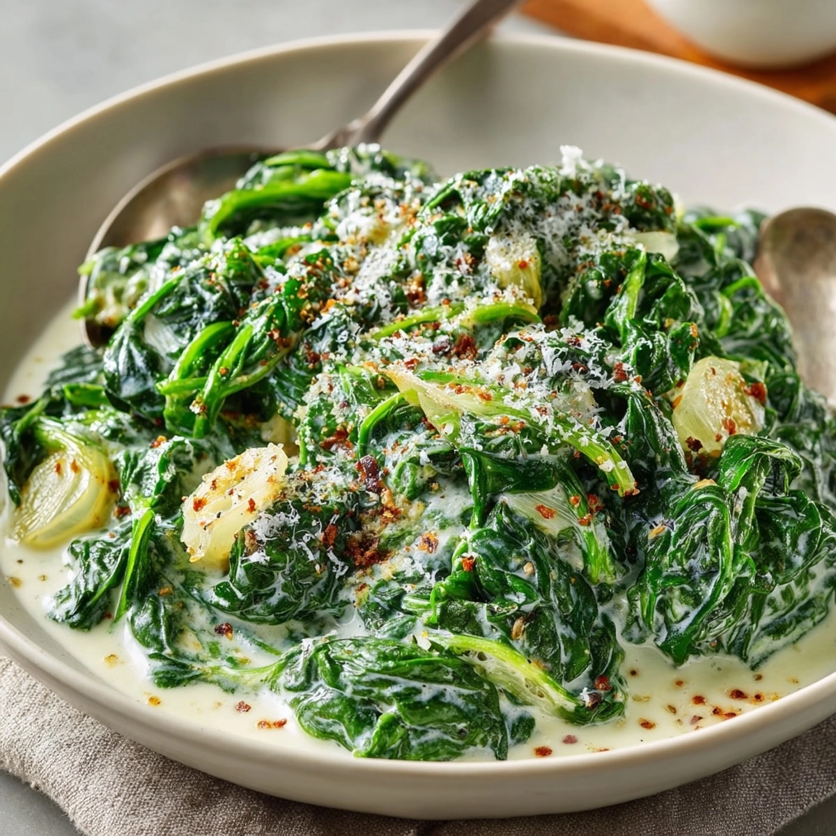 Creamed spinach side dish in creamy garlic sauce, served hot and garnished with Parmesan.