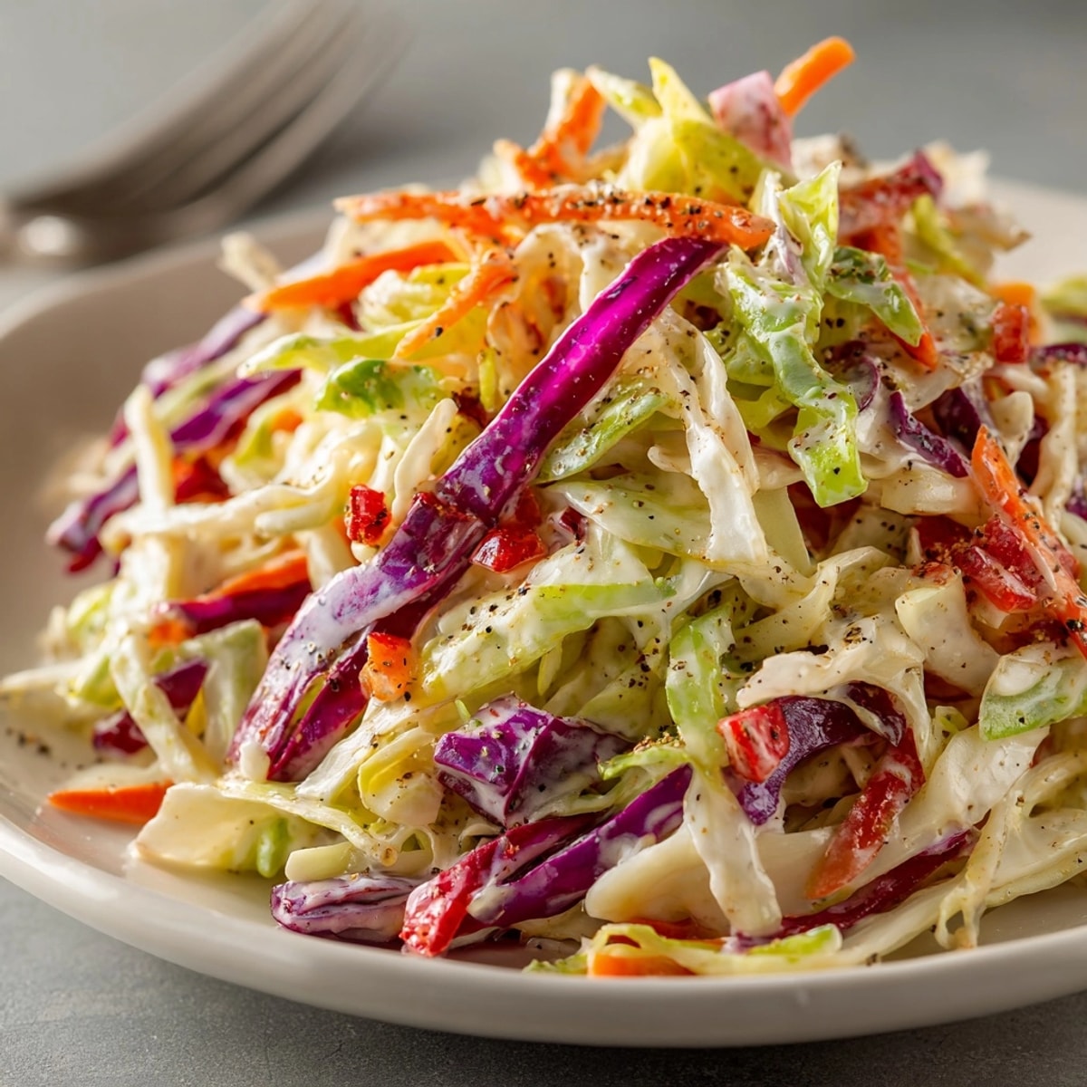 Classic coleslaw salad in a white bowl, creamy dressing glistening over colorful cabbage.