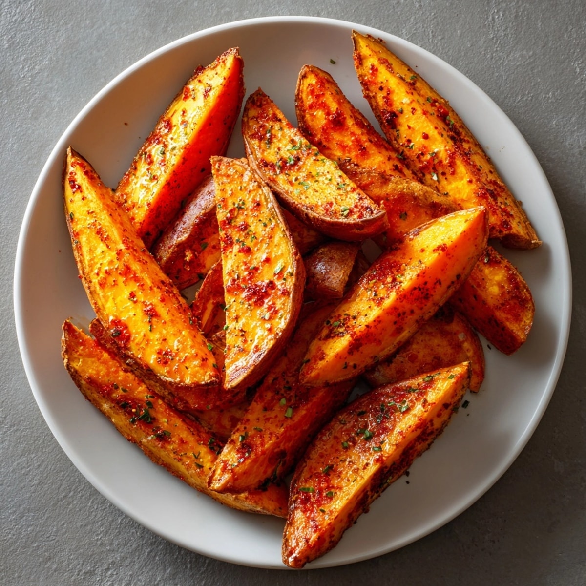 Warm, golden baked sweet potato wedges served as a healthy side dish at dinnertime.