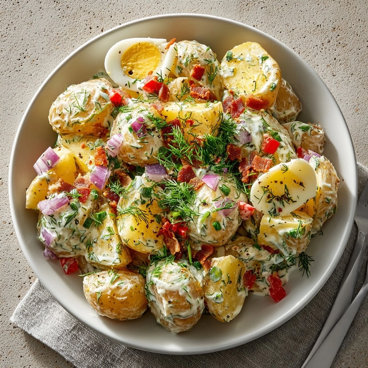 American ranch potato salad garnished with dill and chives, inviting with its rich, creamy texture.