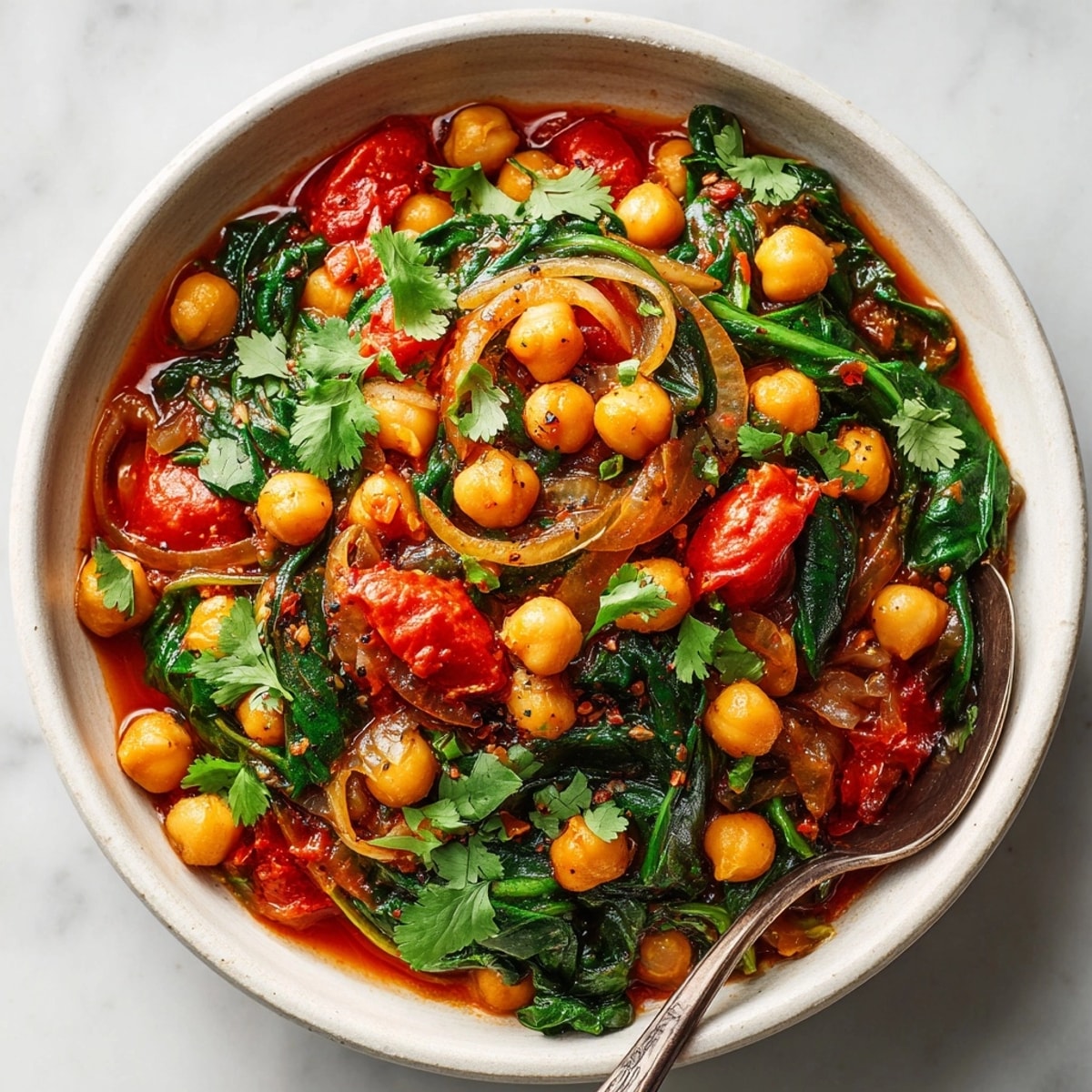 Indian-inspired chickpea and spinach curry simmered in coconut milk with golden sautéed onions.