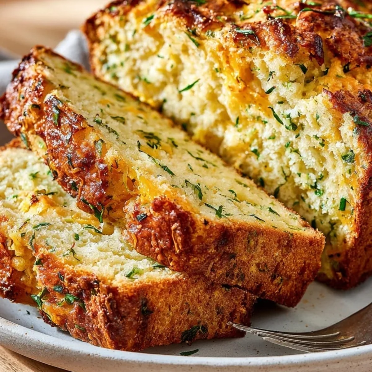 Freshly baked Herb &amp; Cheese Quick Bread cooling on a rack, with steam rising.